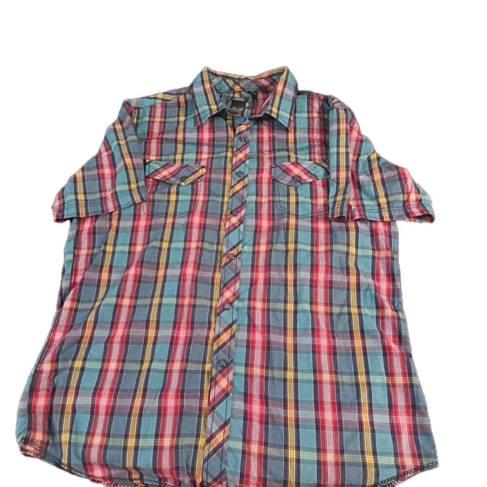 Micros Pearl Snap Shirt Short Sleeve Plaid Sz. LG.